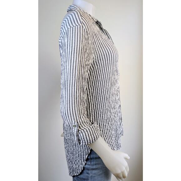 Jane & Delancey Button Down Top Large Gray White Stripe Roll Tab Sleeve Crinkle - Picture 3 of 11